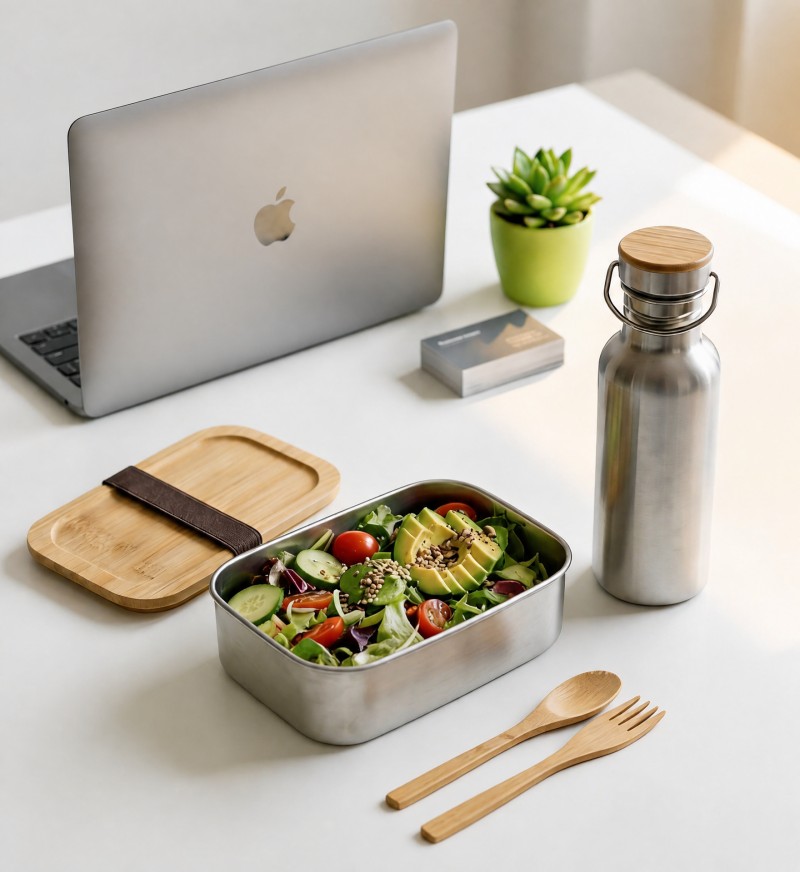 Lunchboxset van 304 roestvrij staal met bamboe deksel