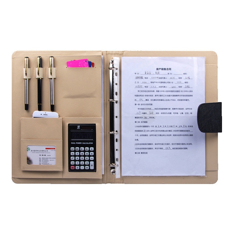 PU lederen A4 ringband portfolio map met rekenmachine