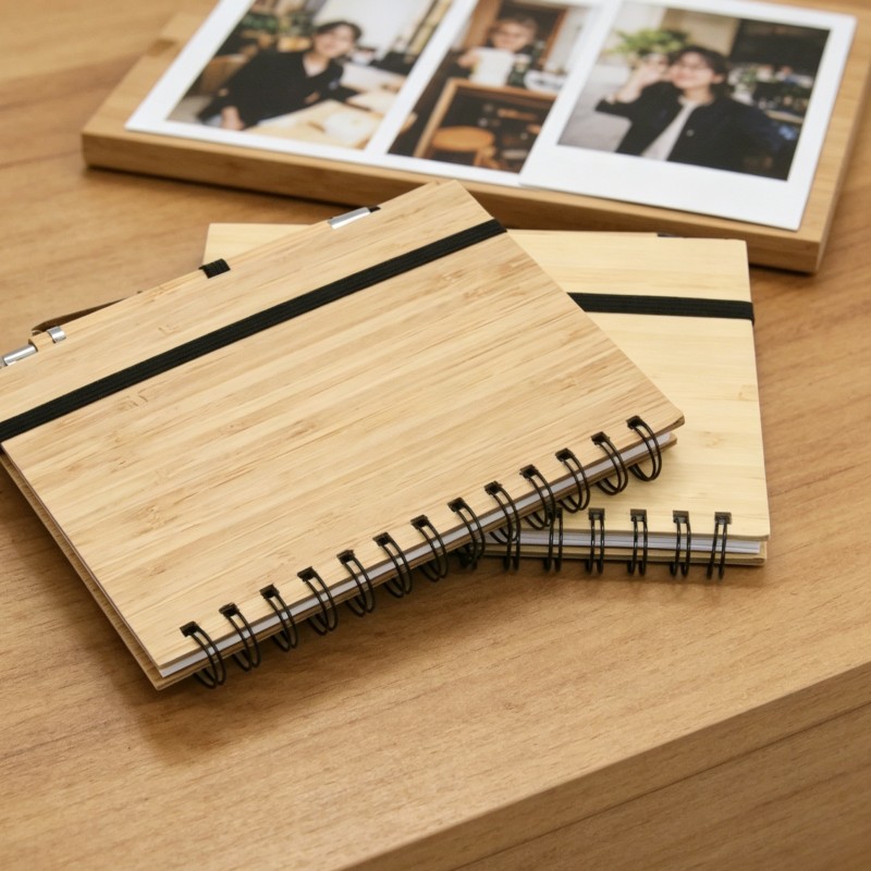 Bamboo Wood Cover Spiral Notebook Set