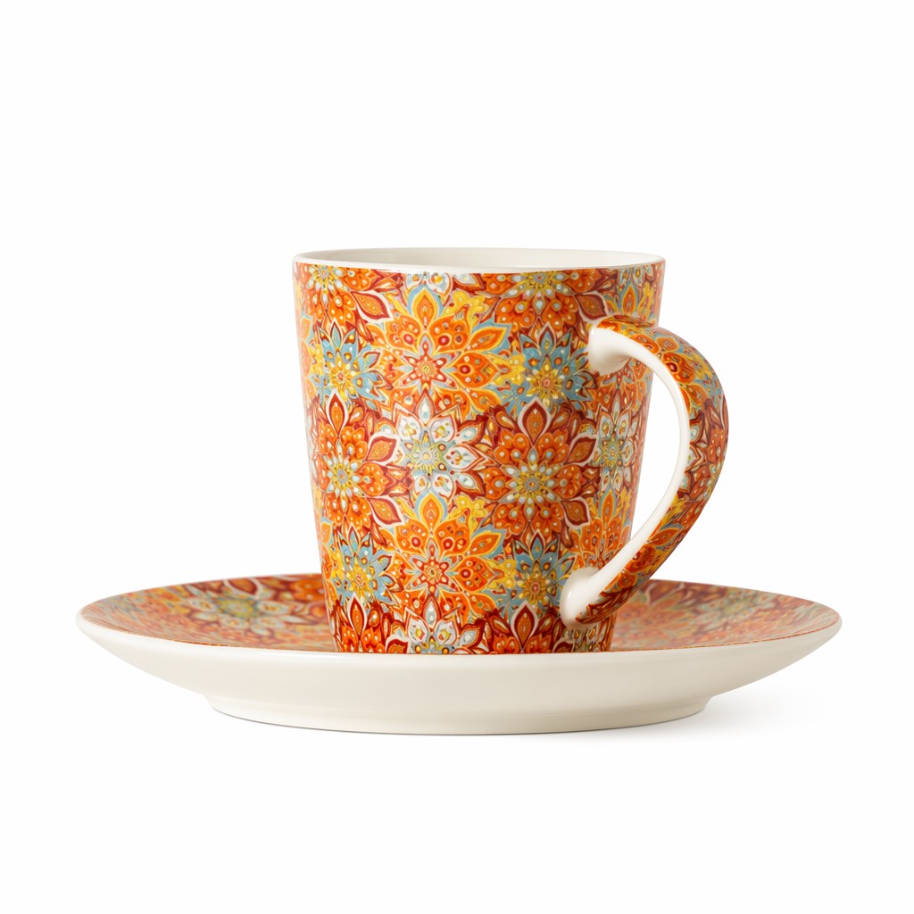 Bloemenkeramische koffiekop met schotel